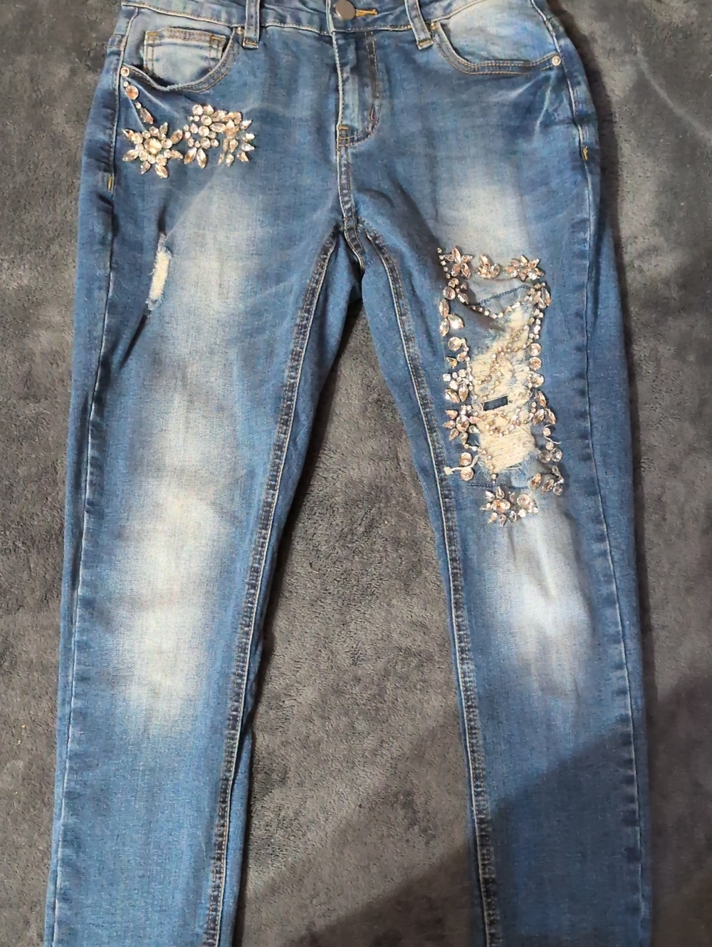 Boston Proper Blue Skinny Jeans with Crystal Floral Embellishments